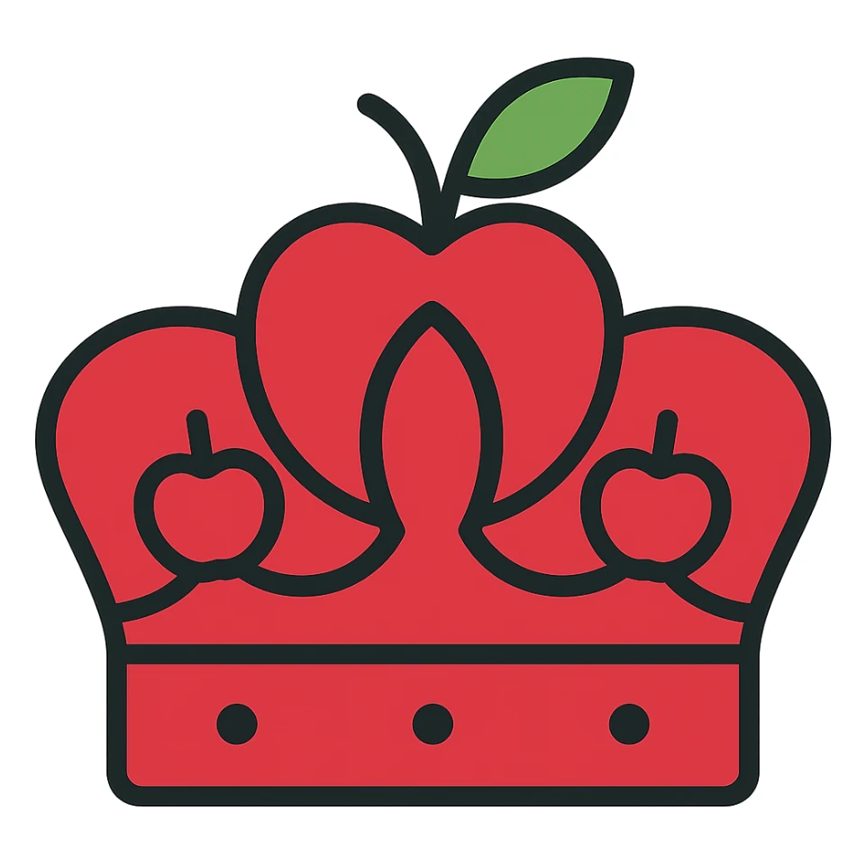 Change the color scheme to feature more red, making the crown and apple motifs predominantly red, while keeping the style iconic and clean, with no background. sticker