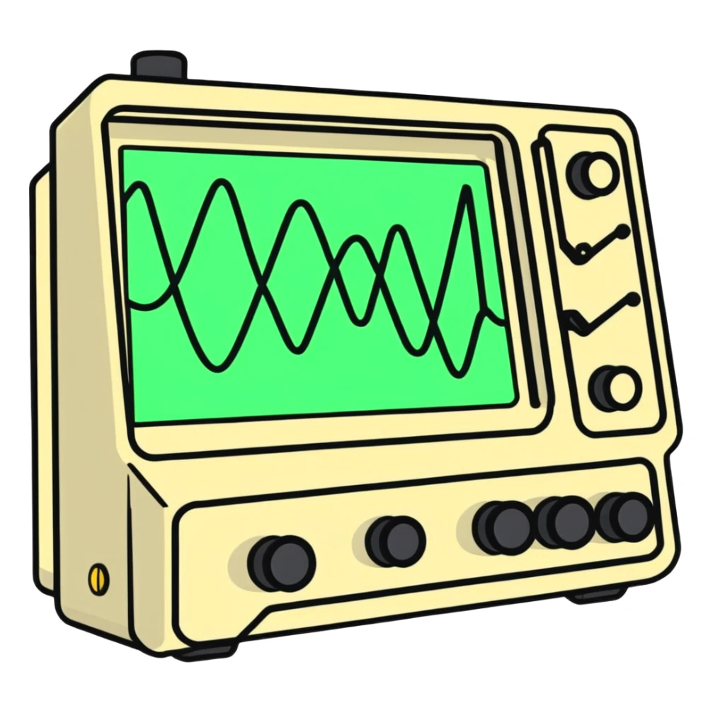 An oscilloscope electronic test instrument with sine wave pattern on display screen sticker