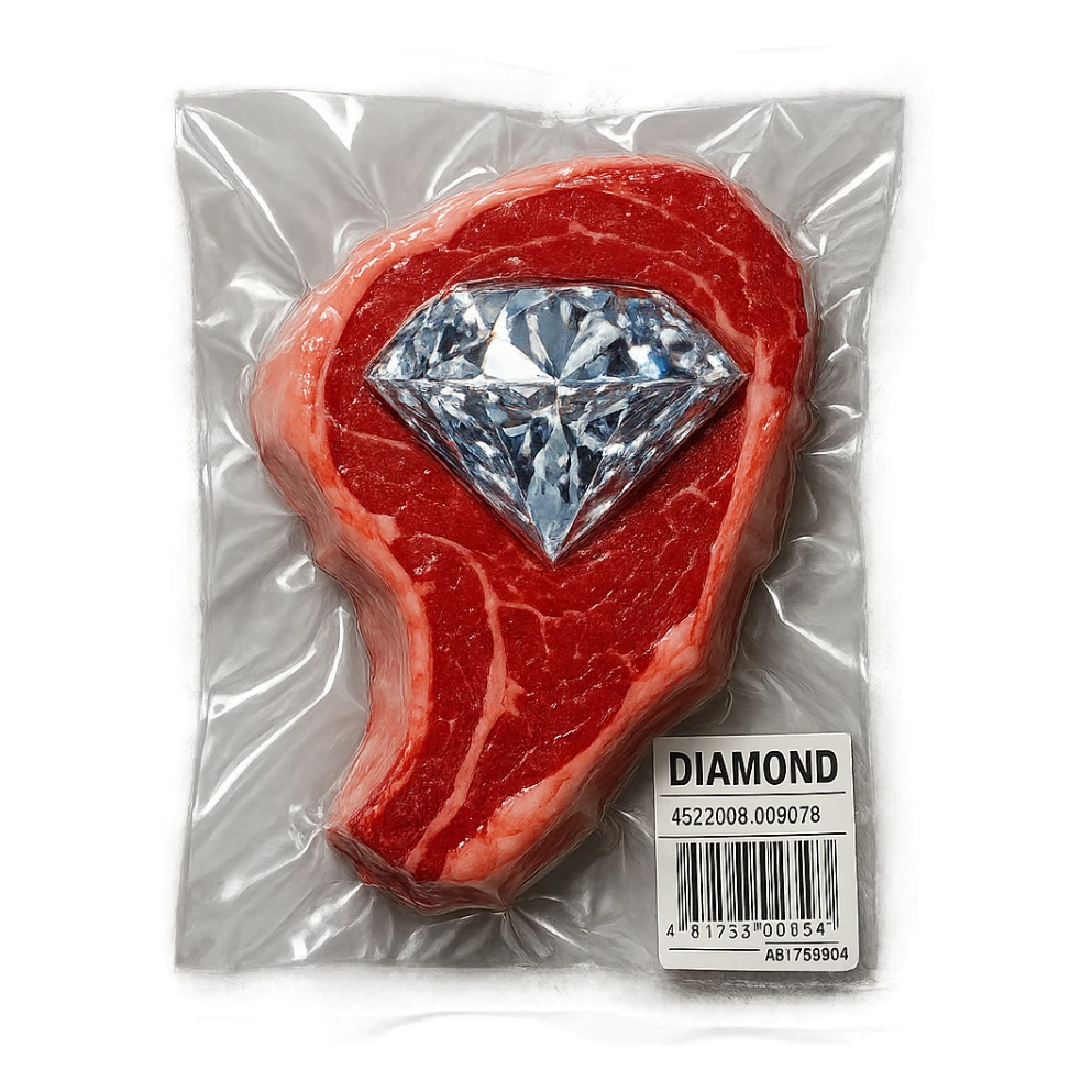 meat steak with sparkling diamond facets, glossy and puffy, vacuum-sealed style sticker