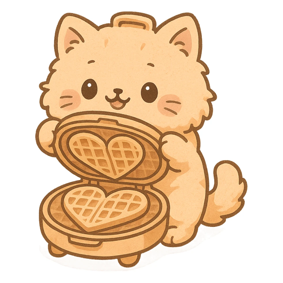 chibi style soft fluffy cat as a waffle maker, showing heart-shaped waffles, pastel orange, full-body sticker
