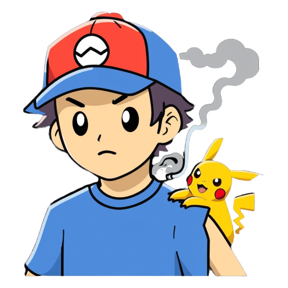 21 yo Handsome Ash Ketchum using a bong with picachu breathing out smoke sticker