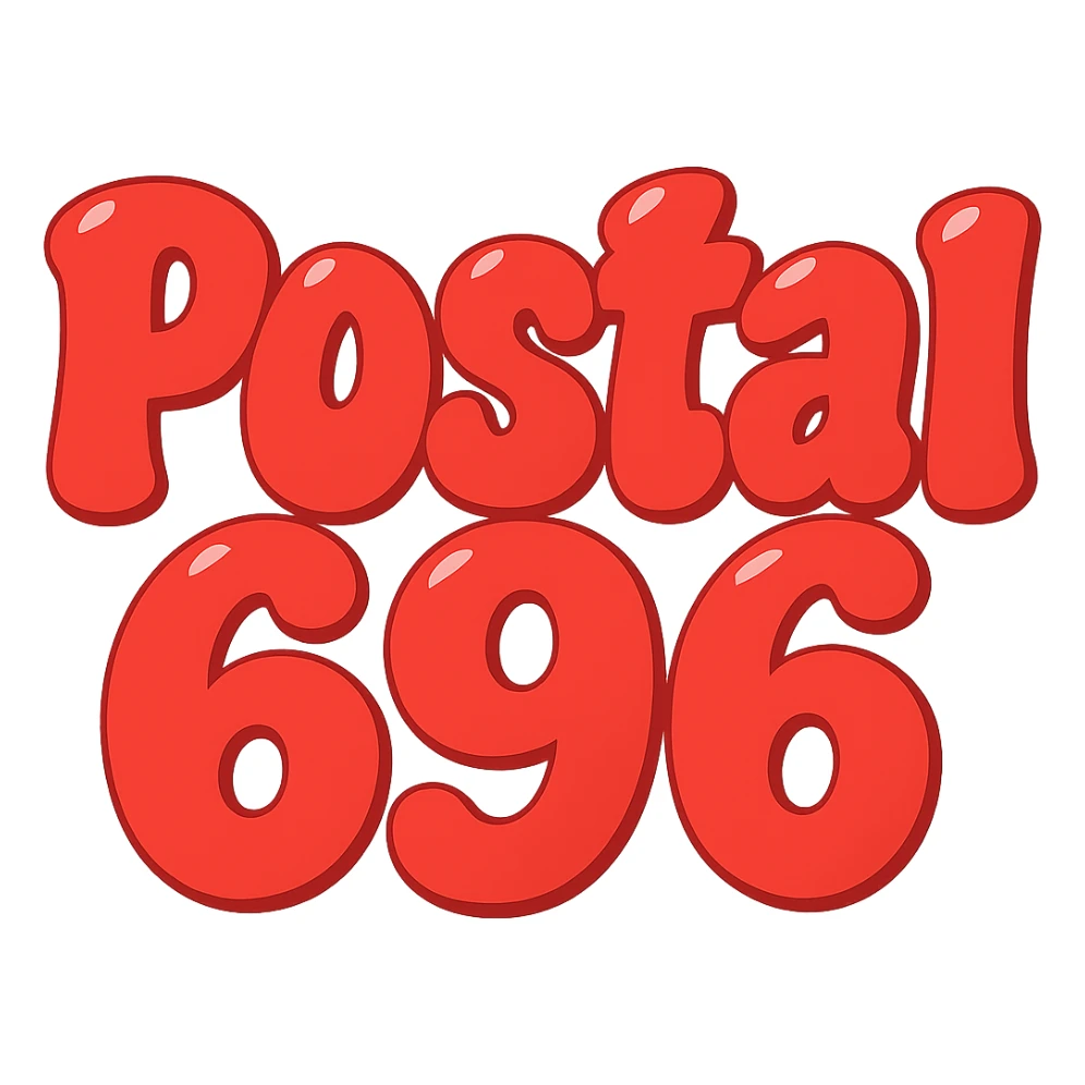 Change the font color to red for 'Postal 696', keep the extra puffy bubble letter style, whimsical and lighthearted, with a transparent background. Maintain the whimsical and lighthearted feel with extra puffy bubble letters. sticker