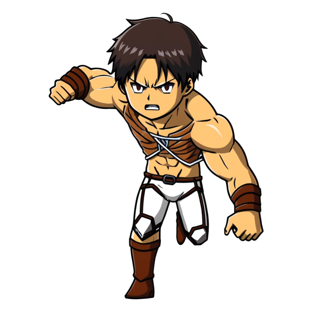 Eren's Attack Titan form, aggressive pose, muscular body with long dark hair sticker