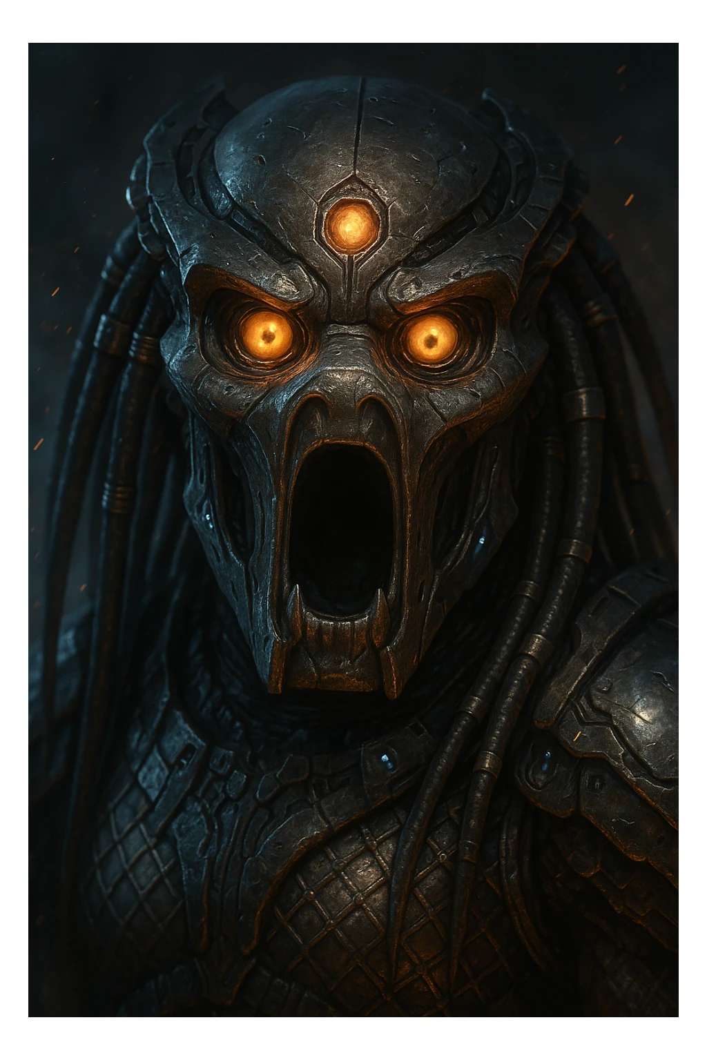 Yautja (Predator) mask with a surprised or shocked expression, detailed sci-fi design sticker