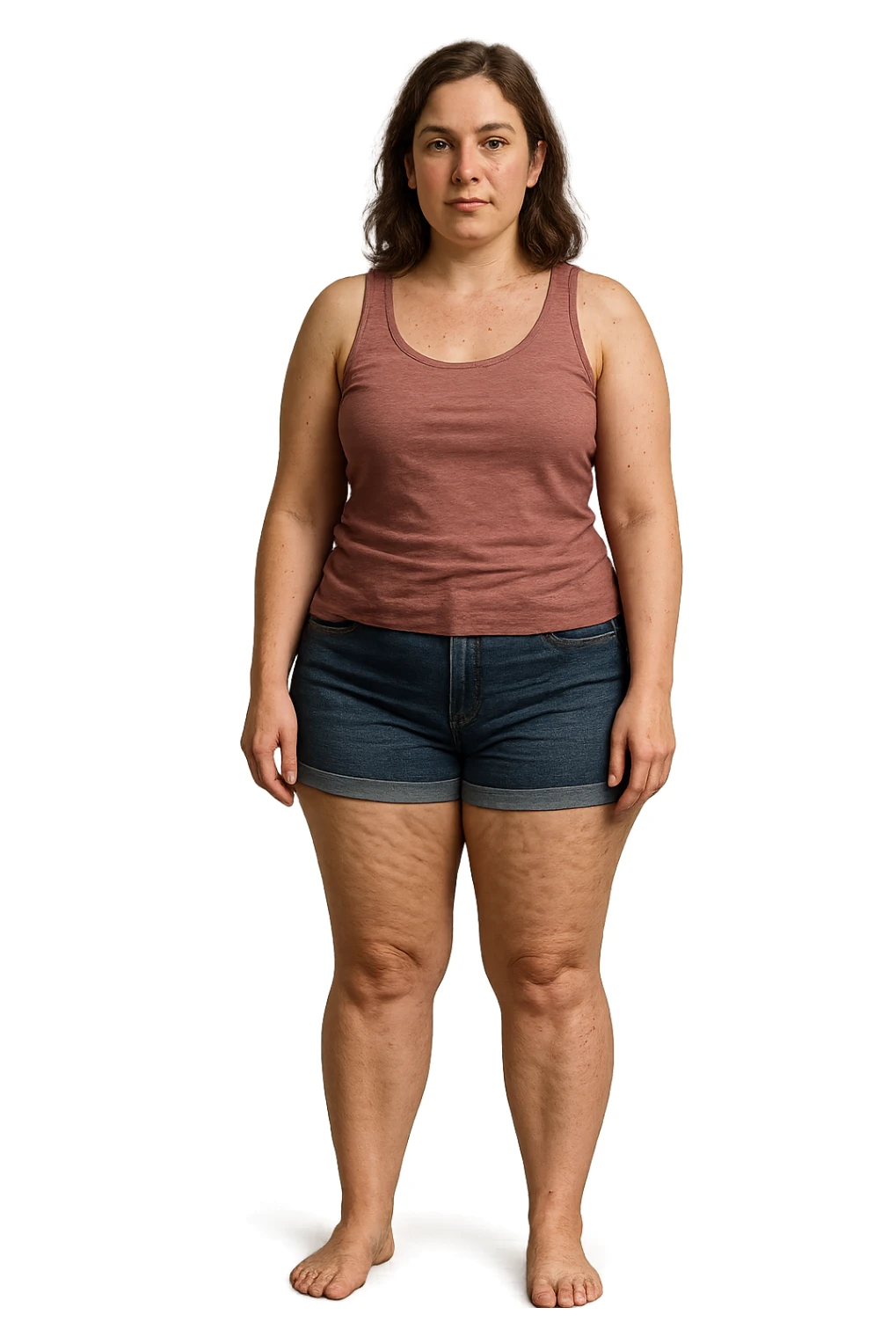 donna con inestetismi evidenti cellulite non troppo grassa e giovani sui 30 anni. in pantaloncini sticker