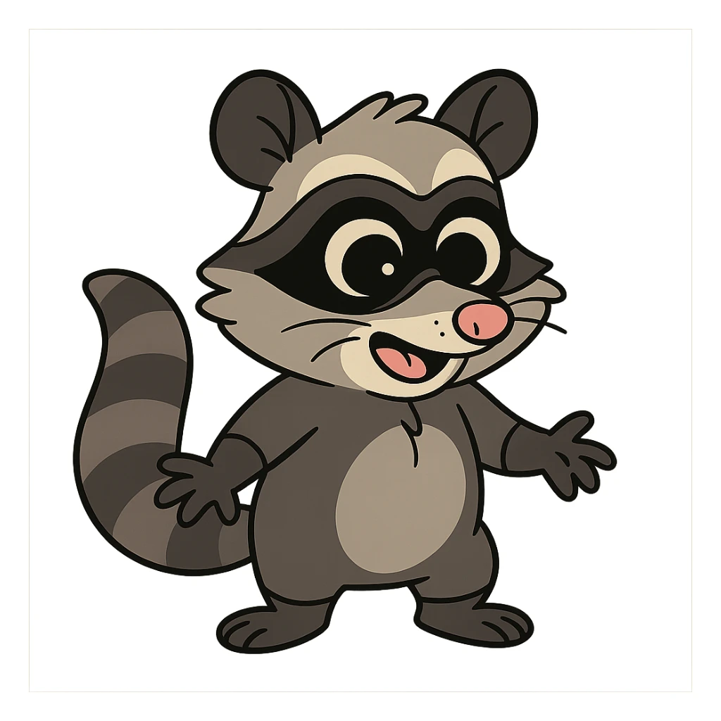 cute cartoon possum dressed up like a raccoon, flat toon style sticker
