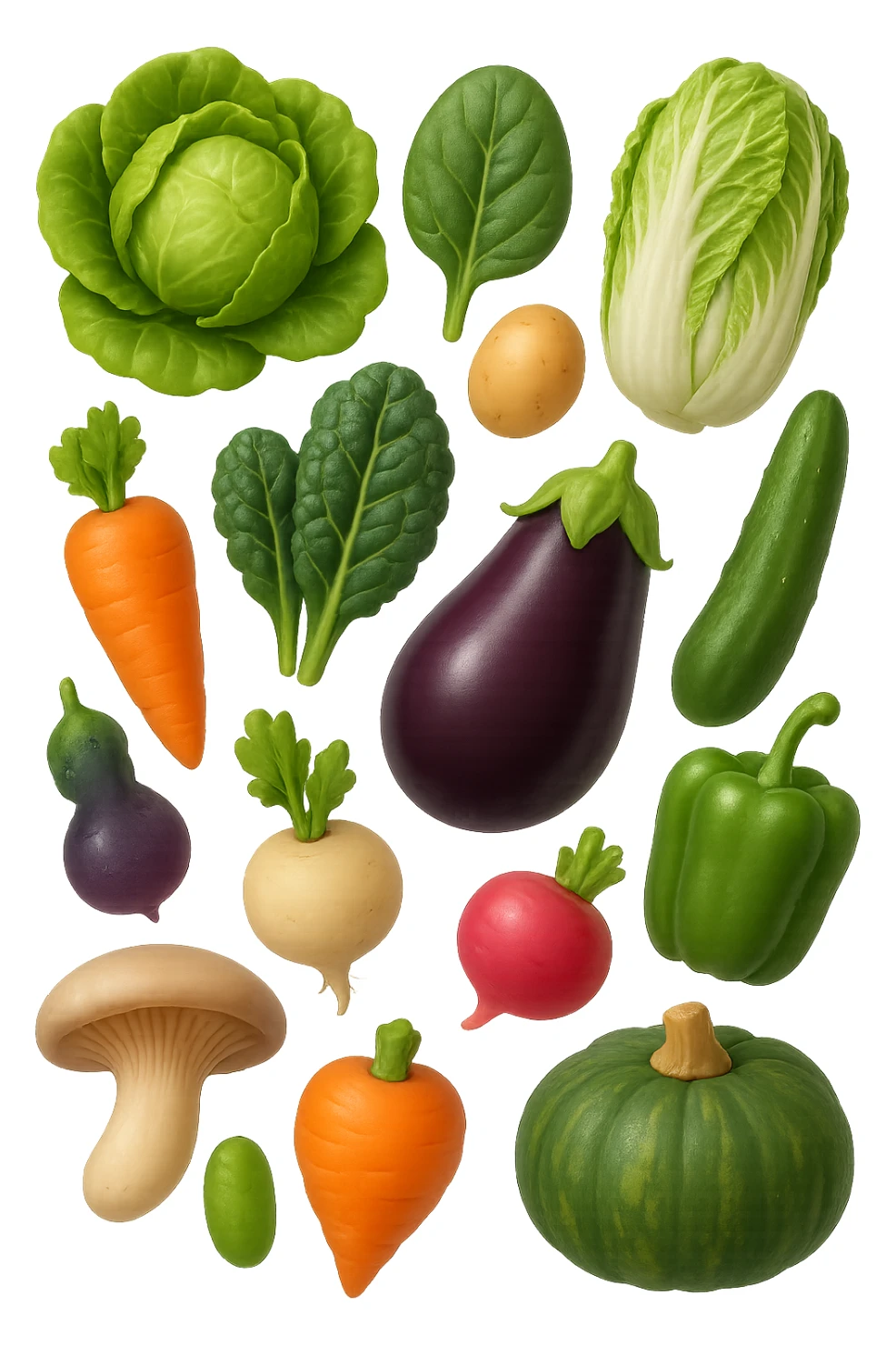 emoji stile iphone 3d di Lattuga, spinaci, cavolo cinese, cavolo nero
Patate, carote, rape, ravanelli
Melanzane, cetrioli, peperoni verdi
Funghi ostrica
Zucca kabocha
 che fluttuano in aria, iperealistico 4k sticker