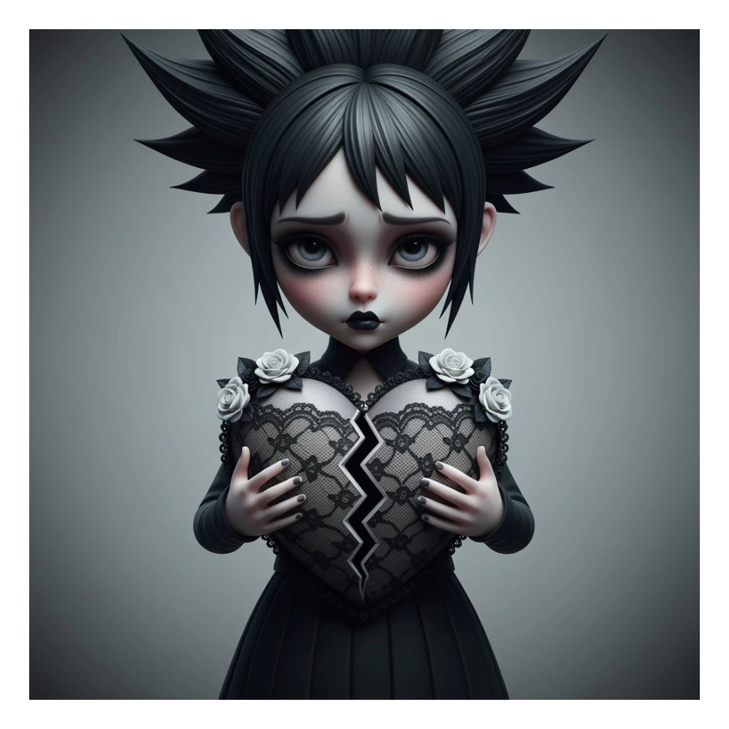 goth broken heart, cute, expressive, minimal sticker