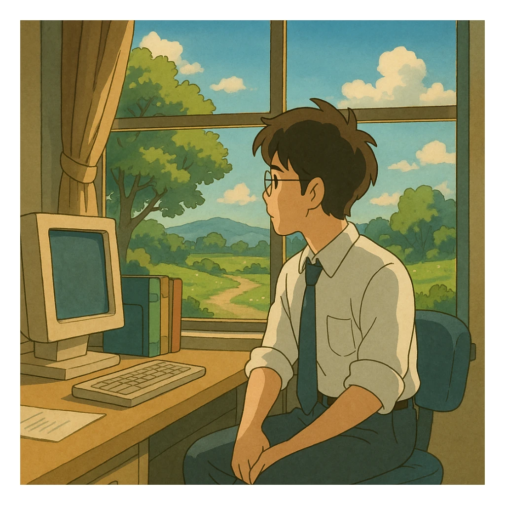 ghibli style office worker gazing out window at sunny outdoors, longing for weekend sticker