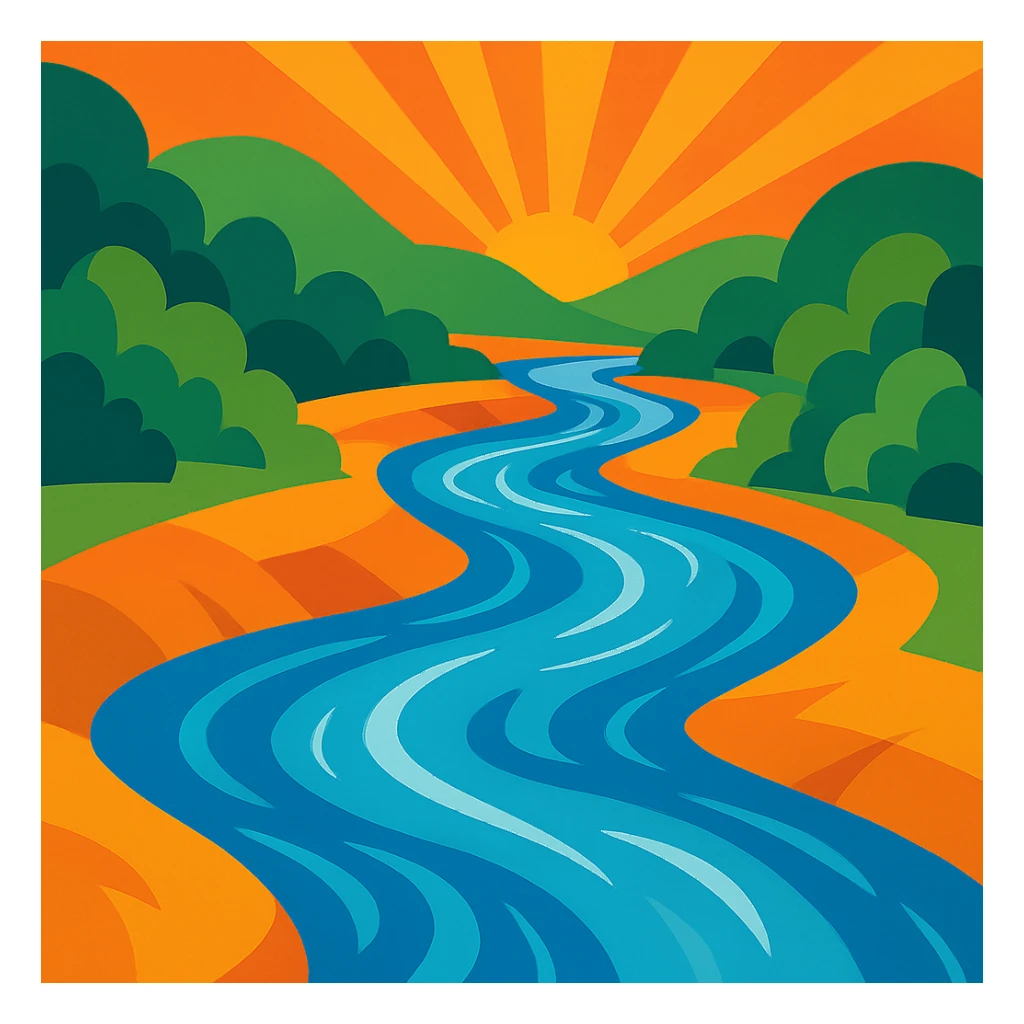 Show the flowing water as a vibrant, dynamic river, with visible current and riverbanks, in a vibrant toon style. sticker