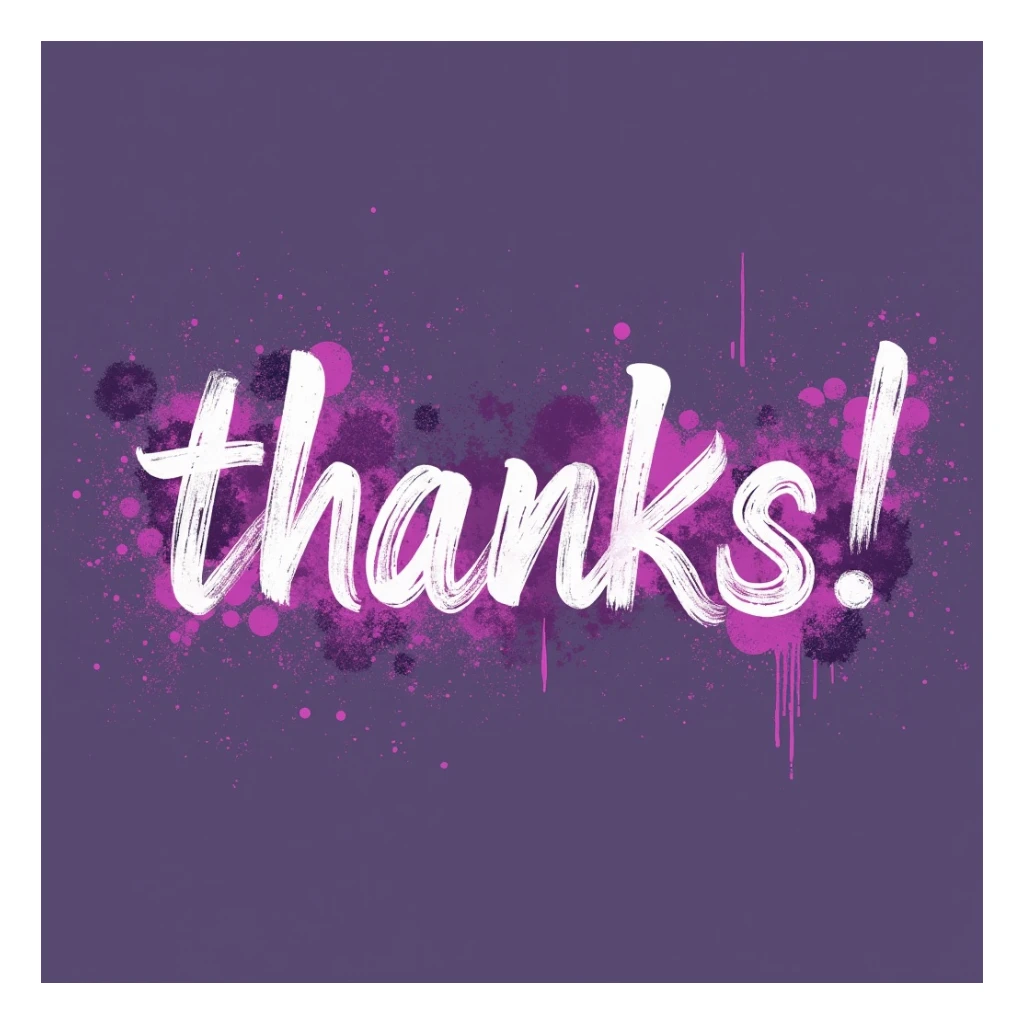 "thanks!" cyberpunk style text splash overlay lavender, streamer overlay, brush-font sticker