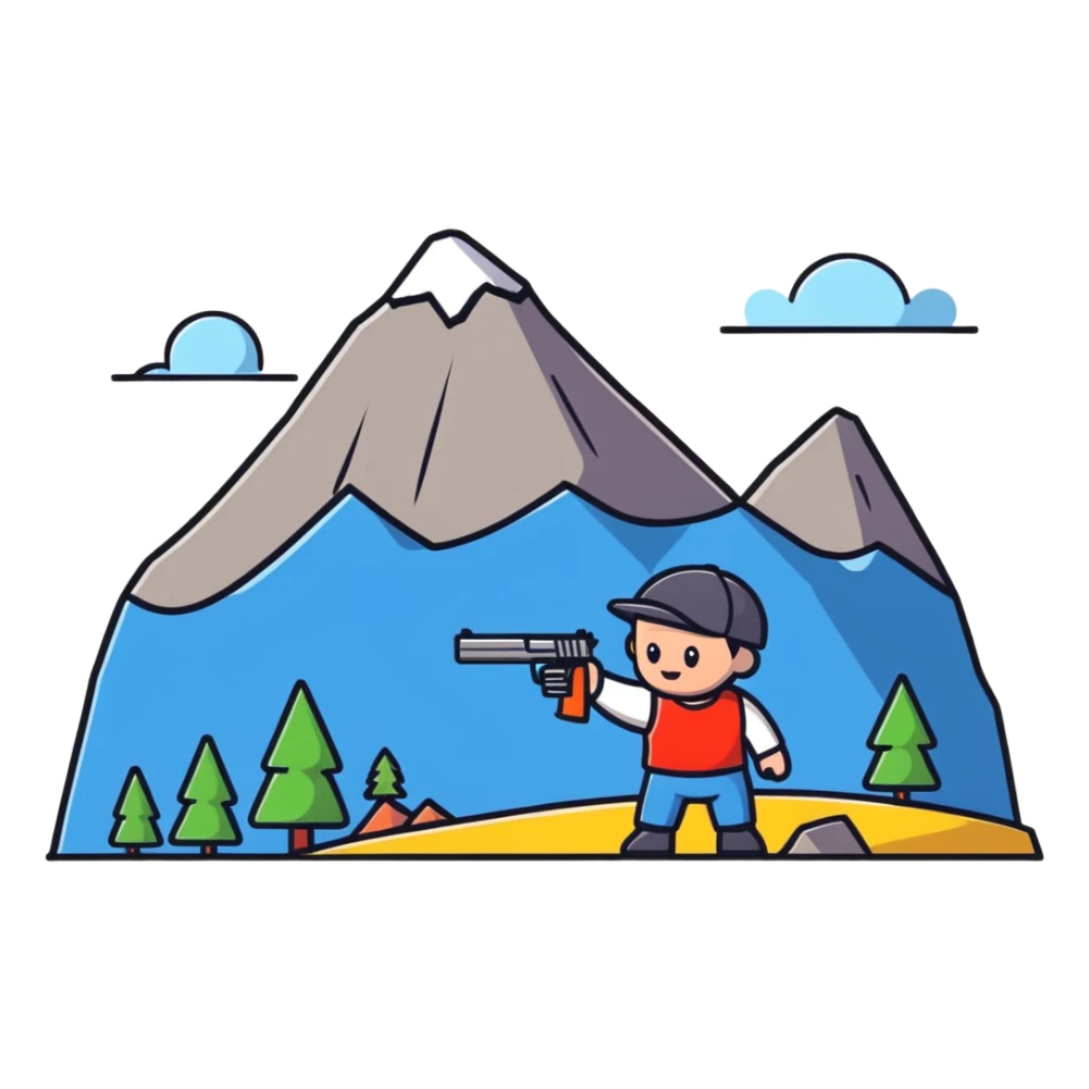 Cute tiny character with a toy gun shooting at a mountain with little figures sticker