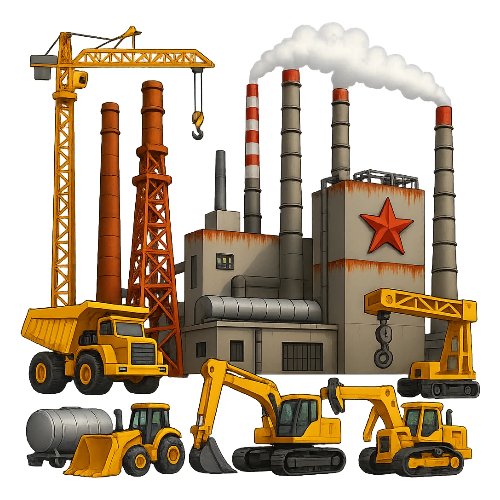 Add more heavy machinery, cranes, and industrial equipment to the Soviet heavy equipment plant in emoji style, with no background. sticker