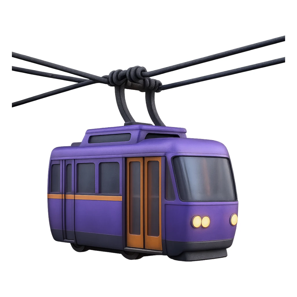 Add realistic textures, visible windows, cables, and 3D lighting effects to the purple cable car, enhancing its detail with a matte glass 3D style. sticker