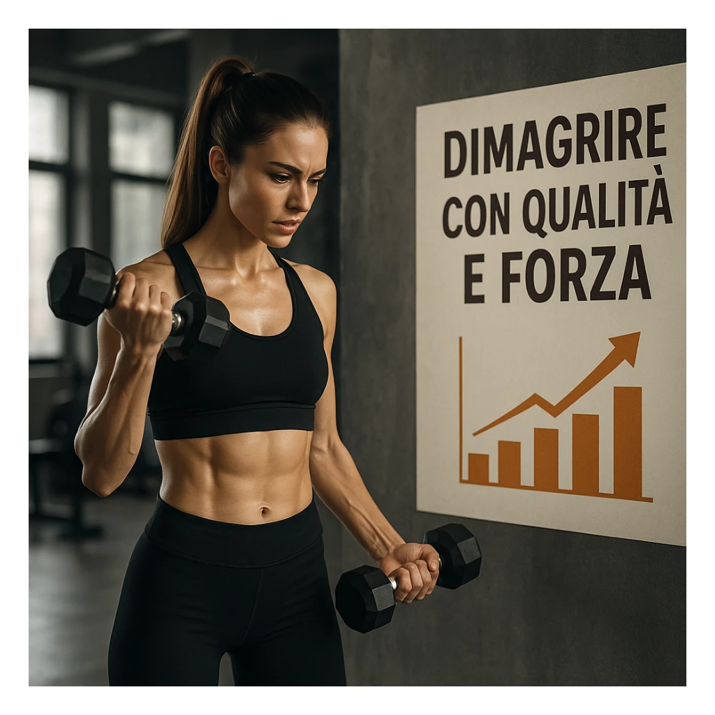 woman in gym doing dumbbell exercises, slim and toned body, progress chart next to her, atmosphere of determination, Italian text: 'Dimagrire con qualità e forza', 4K quality sticker