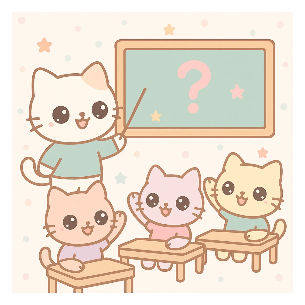 cat teacher asking questions to student cats, student cats raising hands, warm and friendly classroom scene sticker