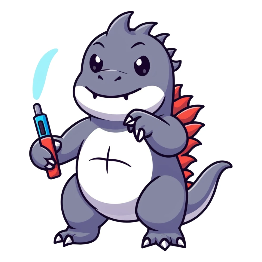 cartoonish Godzilla holding a vape pen, colorful sticker