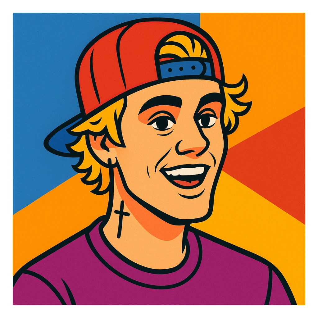 Justin Bieber illustrated portrait, modern pop star look, detailed, energetic expression sticker