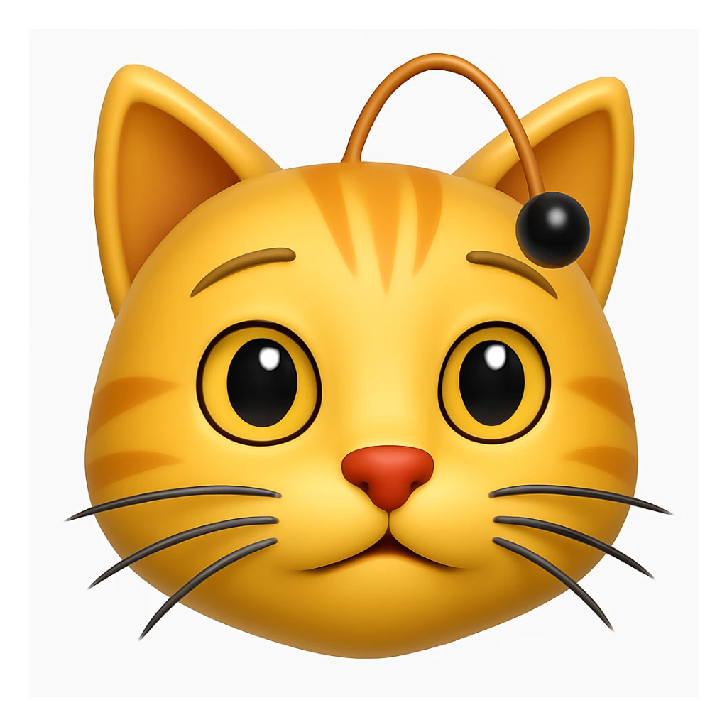 Make a cat face emoji that looks exactly like the reference image, in iOS emoji style. 3D, shiny, smooth gradients, soft shadows, realistic cat face, classic emoji look. Add a subtle highlight to the fur. sticker