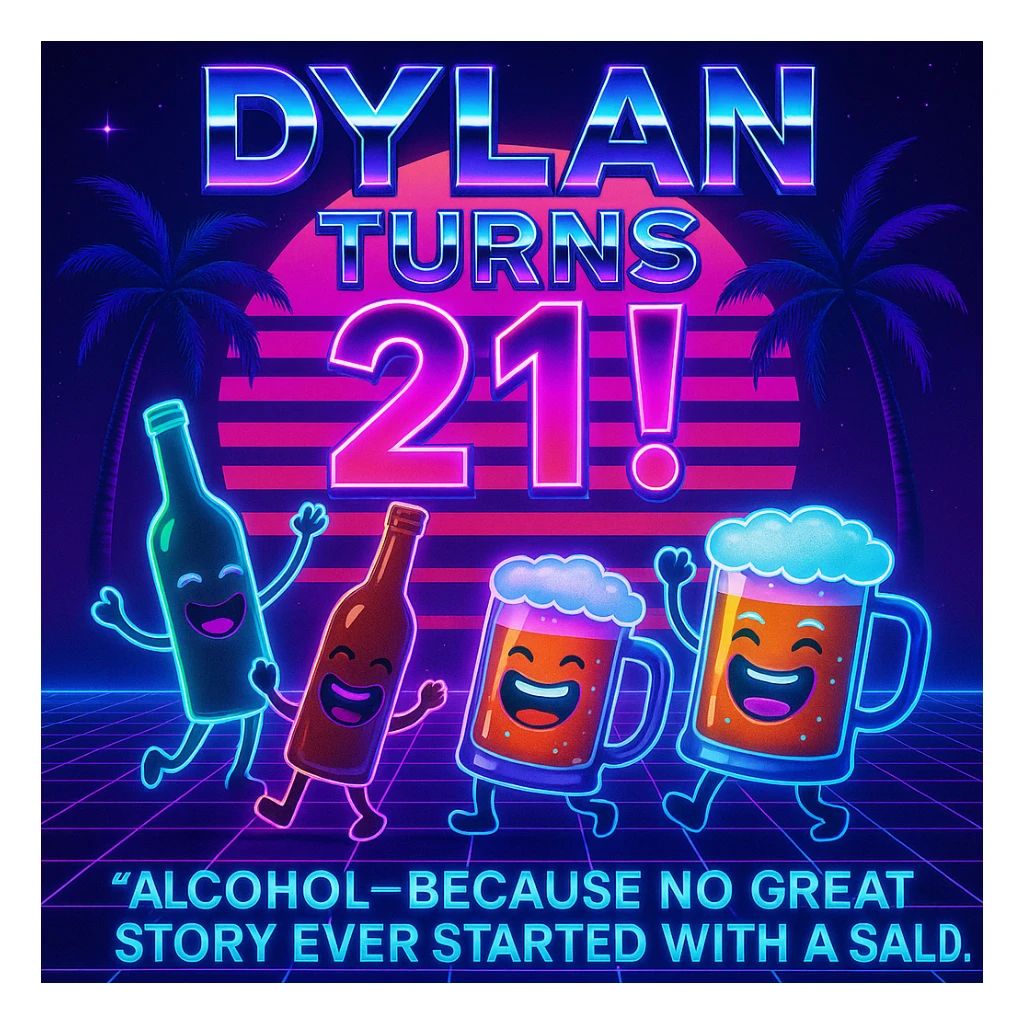 Completely change the style to vaporwave: neon colors, retro 80s grid, palm trees, synthwave sunset, chrome text, and keep the funny drink quote. Make it look digital and bold. sticker