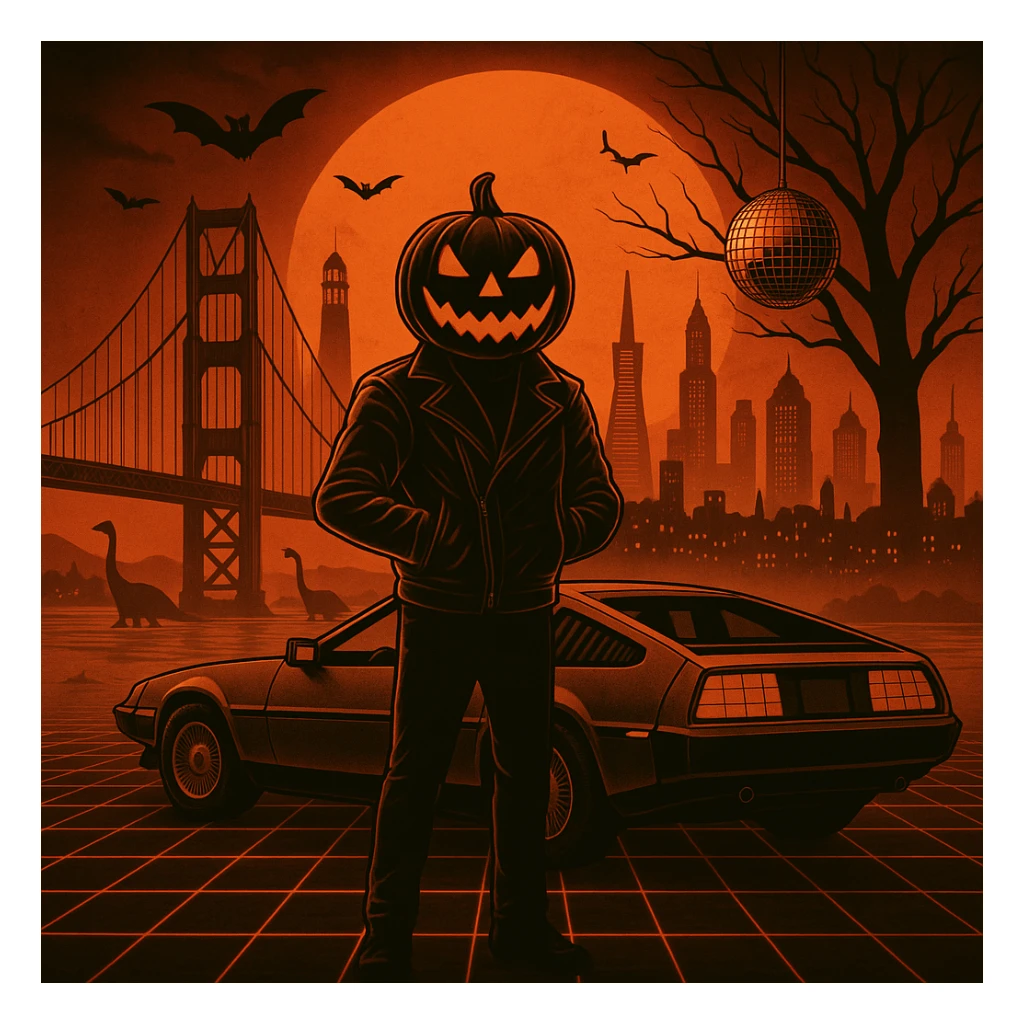 Add a disco ball hanging from the tree and small dinosaurs in the water.  make the cityscape of San Francisco including Coit Tower, TransAmerican Building.  sticker