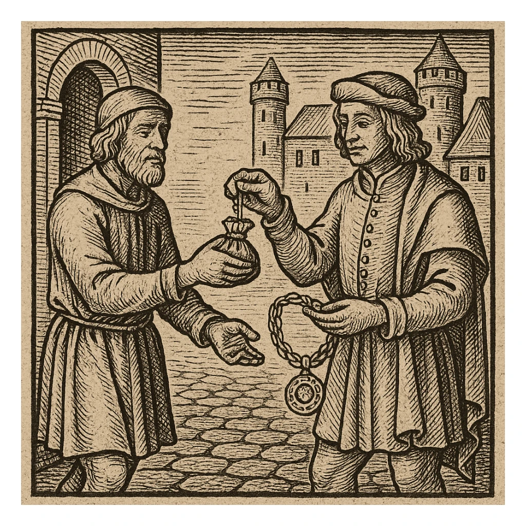 Сгенерируй мне гравюру, как в средневековье один мужчина дает другому мешочек, а другой украшение другому, они торгуют sticker