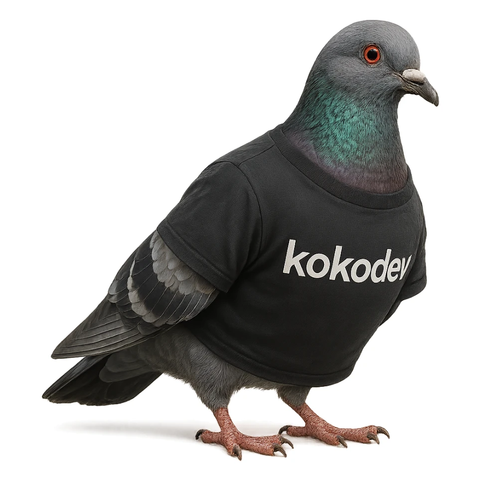 a realistic pigeon wearing a t-shirt with 'kokodev' written on it, high detail, natural pose, photorealistic, detailed feathers and fabric sticker