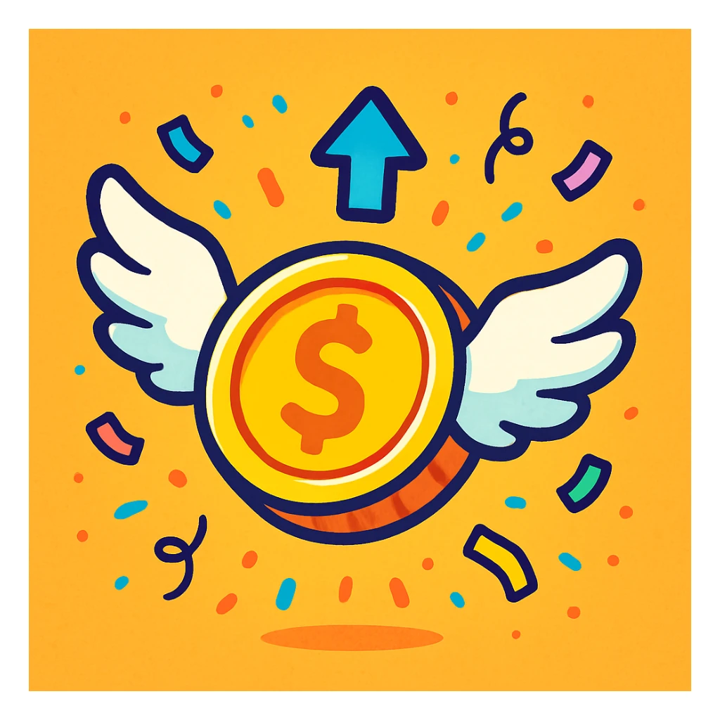 coin with wings and confetti, flying upward, representing a weekly bonus, vibrant playful style sticker