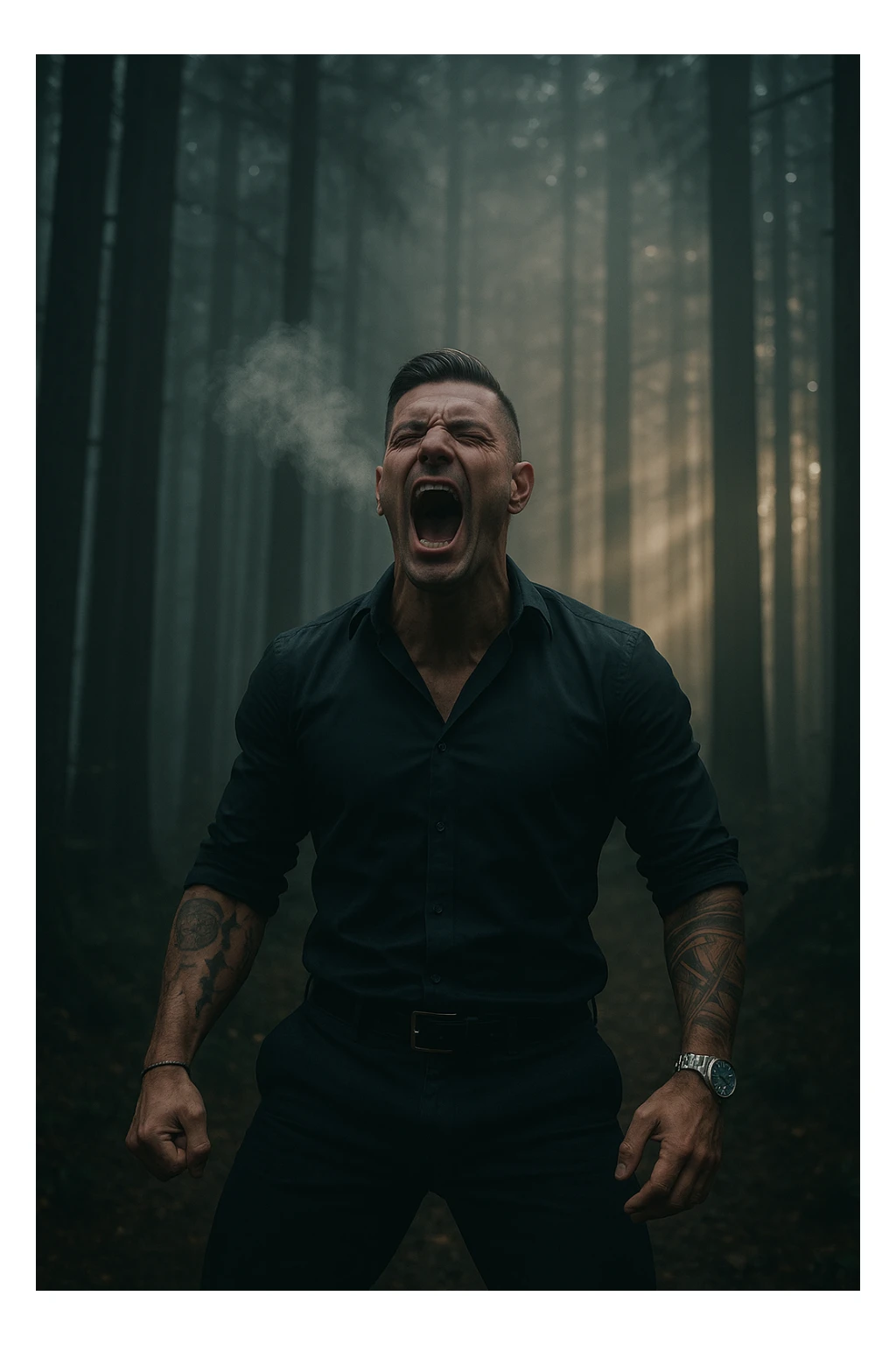 A man screaming towards the sky in a forest, with visible breath vapor and light rays shining through the trees, symbolizing the release of deep tension and the reclaiming of inner peace through cathartic screaming breathwork sticker