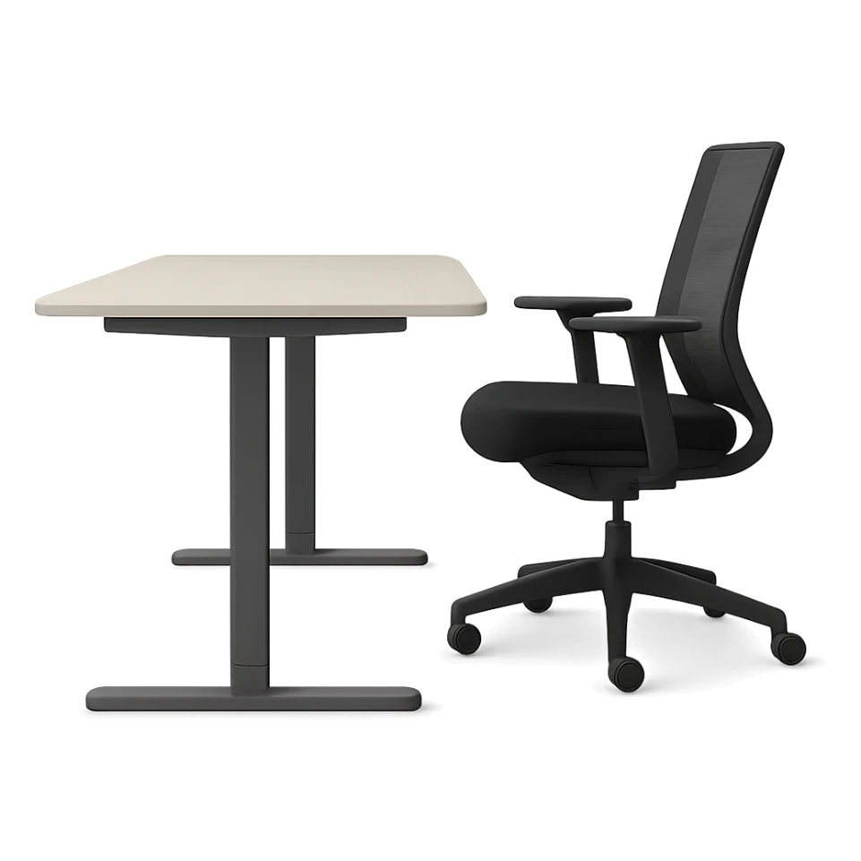 an office table and chair facing sideways, no person, clean and modern design sticker