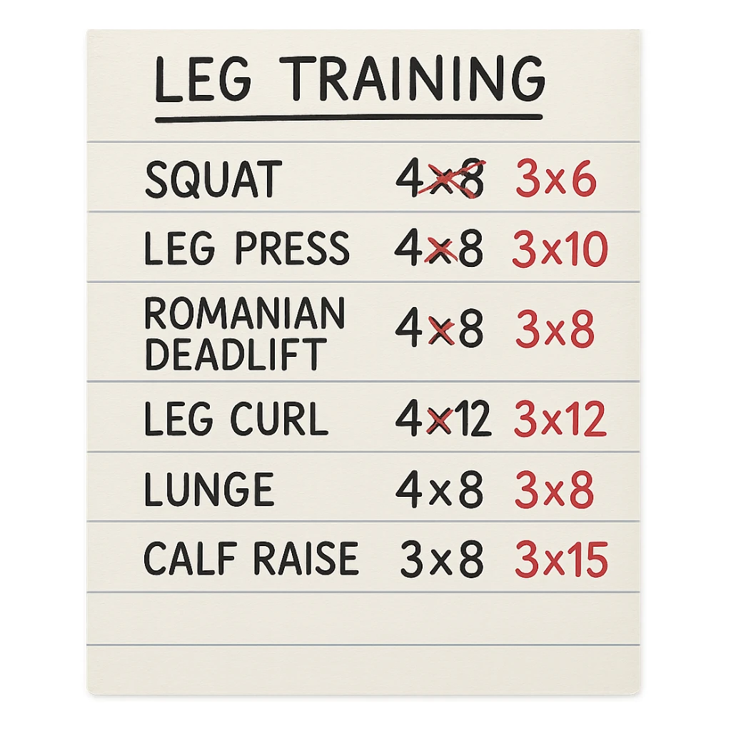 foglio di carta con scheda di allenamento gambe con volume di allenamento ridotto (fai alcuni esercizi con 4x8 scritti in precedenza sbarrati in rosso e la correzione accanto tipo 3x6), scrivila al meglio che puoi sticker