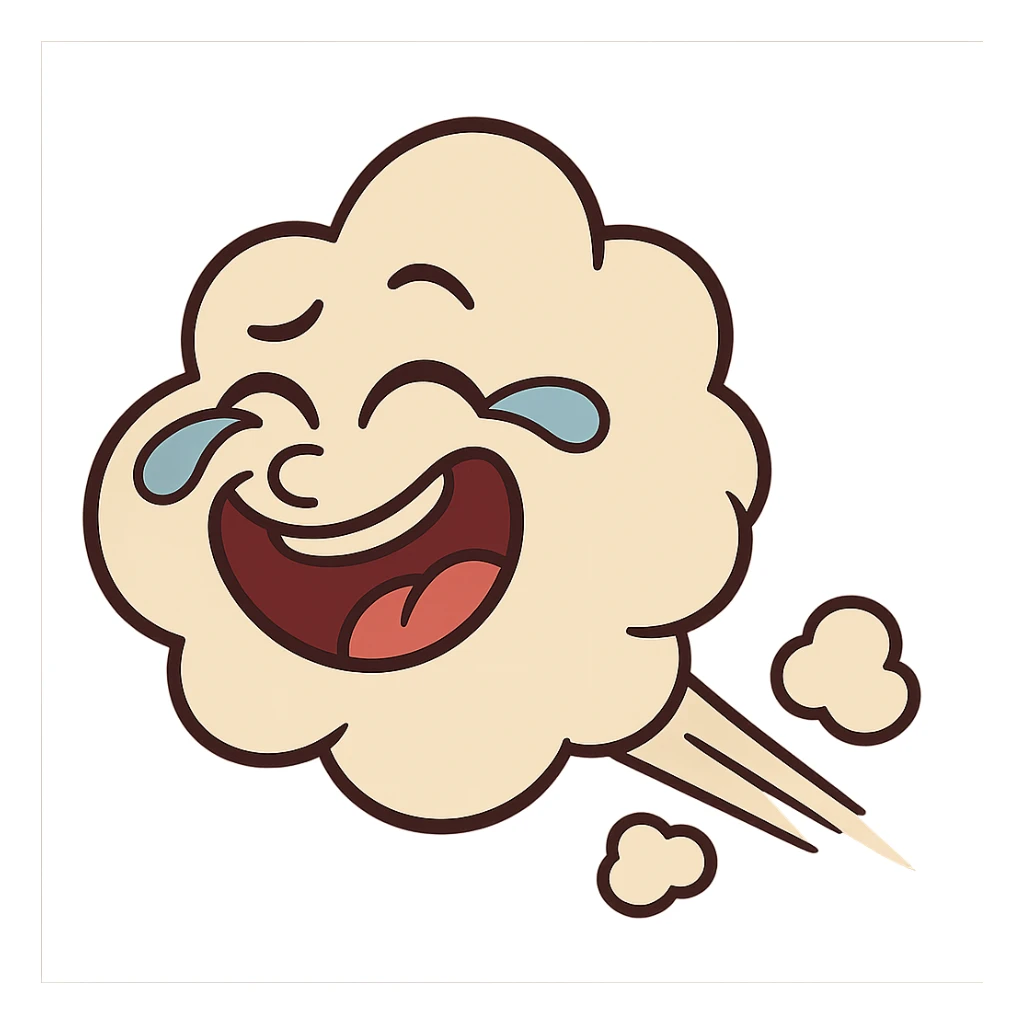 a stylized fart puff with a face laughing so hard it has tears, fun and lighthearted sticker