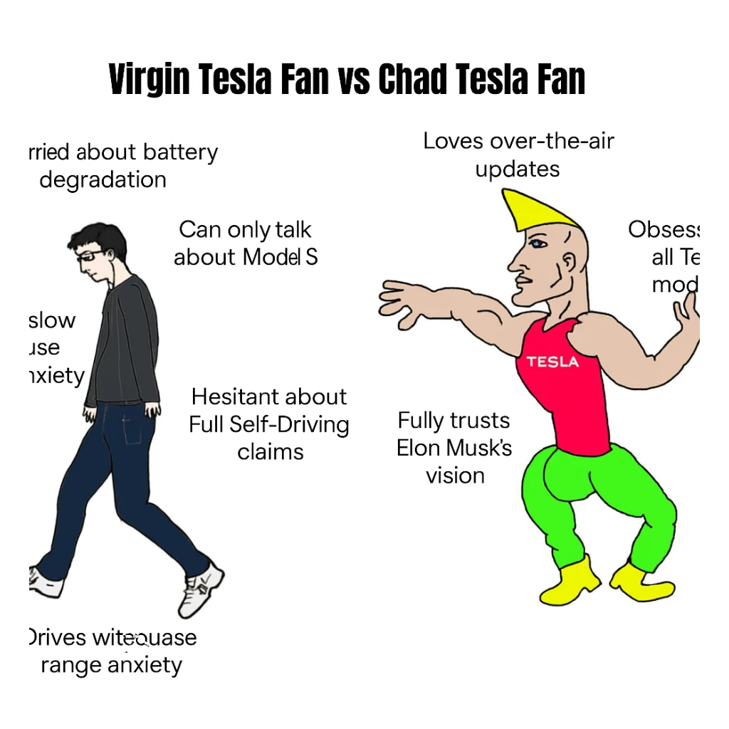 make virgin vs chad meme on tesla fan in above style  sticker