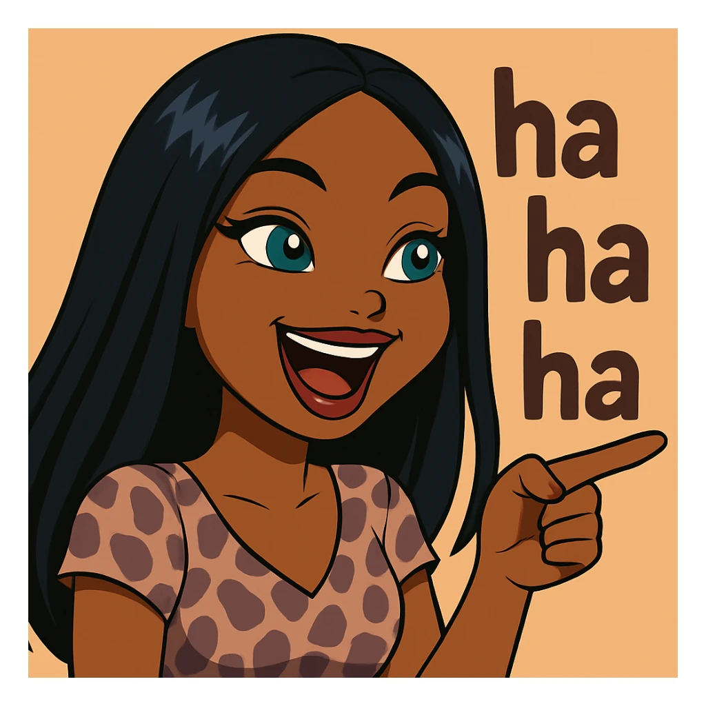 Keep her pointing and laughing with 'ha ha ha' in the background, headshot only, 20-year-old anime Bratz style woman with dark skin, straight hair, more trendy outfit, big expressive eyes, glossy lips, no hat, no tears, happy expression, looking straight ahead. The style should reflect anime Bratz aesthetics with vibrant colors and expressive features. sticker