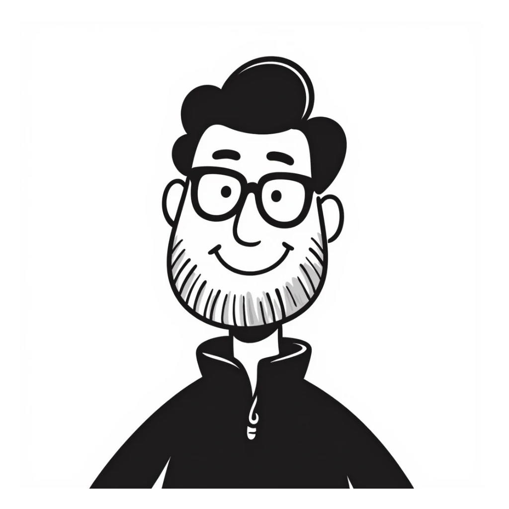 Light-skinned man with short black hair styled upwards, full short graying beard, smiling, wearing large black-framed glasses and a black long-sleeve sports shirt with zip at the neck sticker