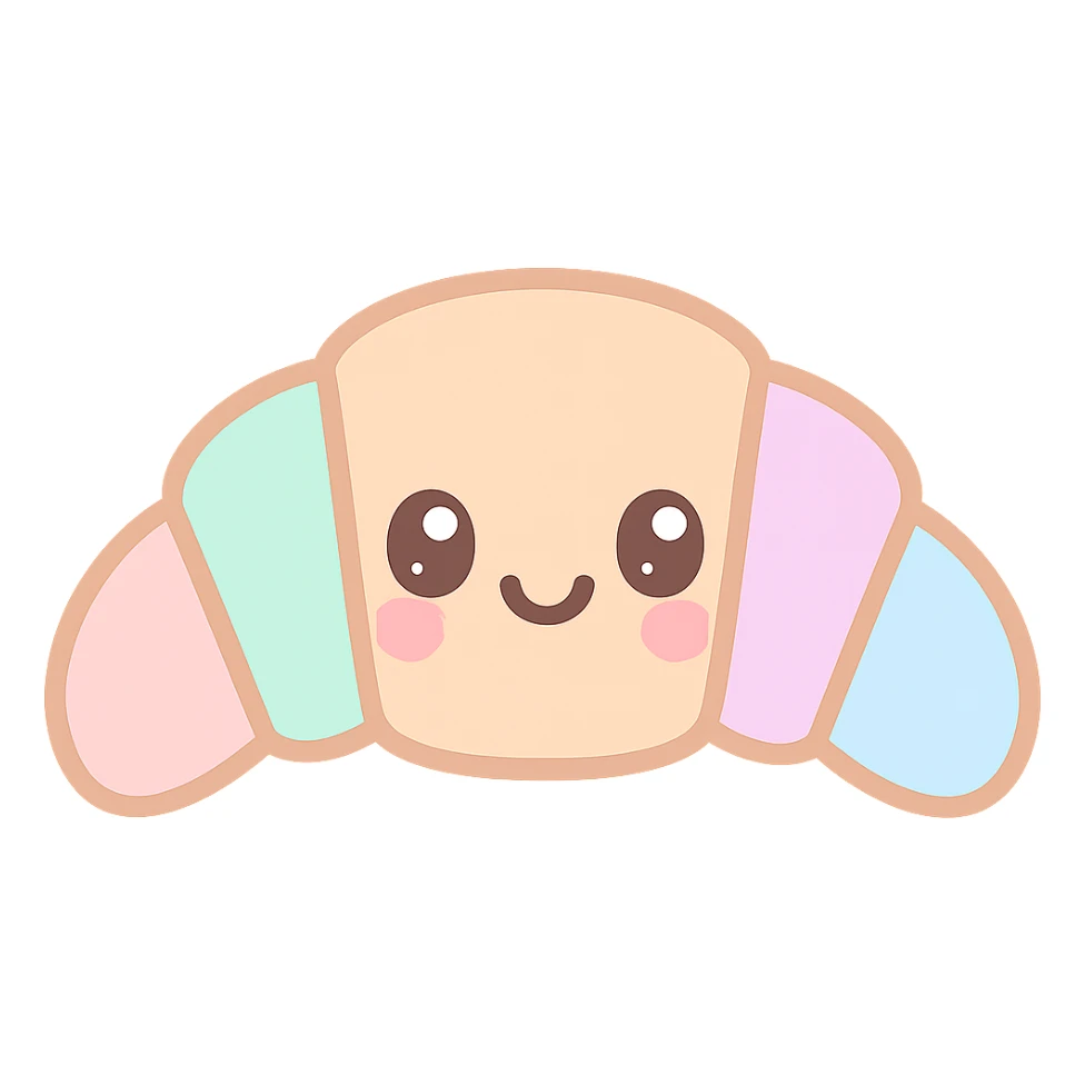 kawaii style croissant, cute smiling face, pastel colors, big eyes, blushing cheeks, adorable and sweet sticker