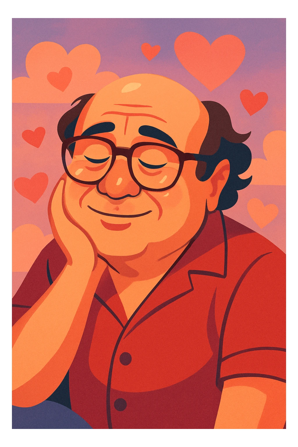 Danny DeVito in a romantic, dreamy illustration style, gentle highlights, relaxed and alluring vibe sticker