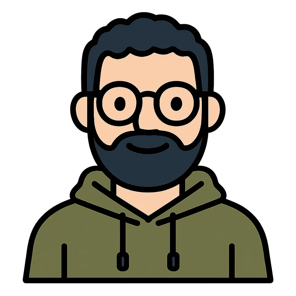 Make the icon look like the person in the reference photo: round glasses, short curly dark hair, full dark beard, olive hoodie, friendly expression in color outline icon style. Keep transparent background. sticker
