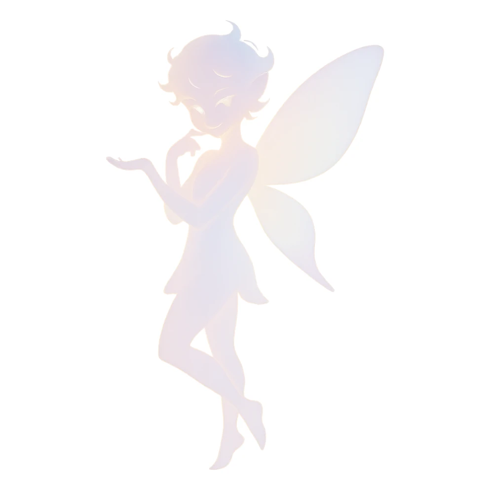 delicate figure with a soft glow, playful mischief in the eyes, and an enchanting aura, in a minimalist silhouette with pastel colors sticker