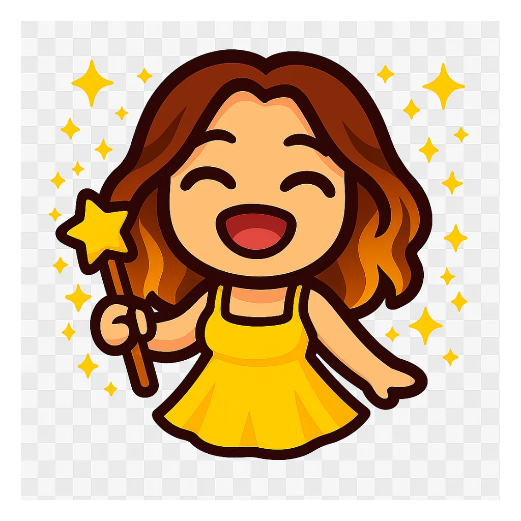 Update this chibi emote to remove the headband and change the outfit to a yellow sundress, laughing with eyes closed sticker