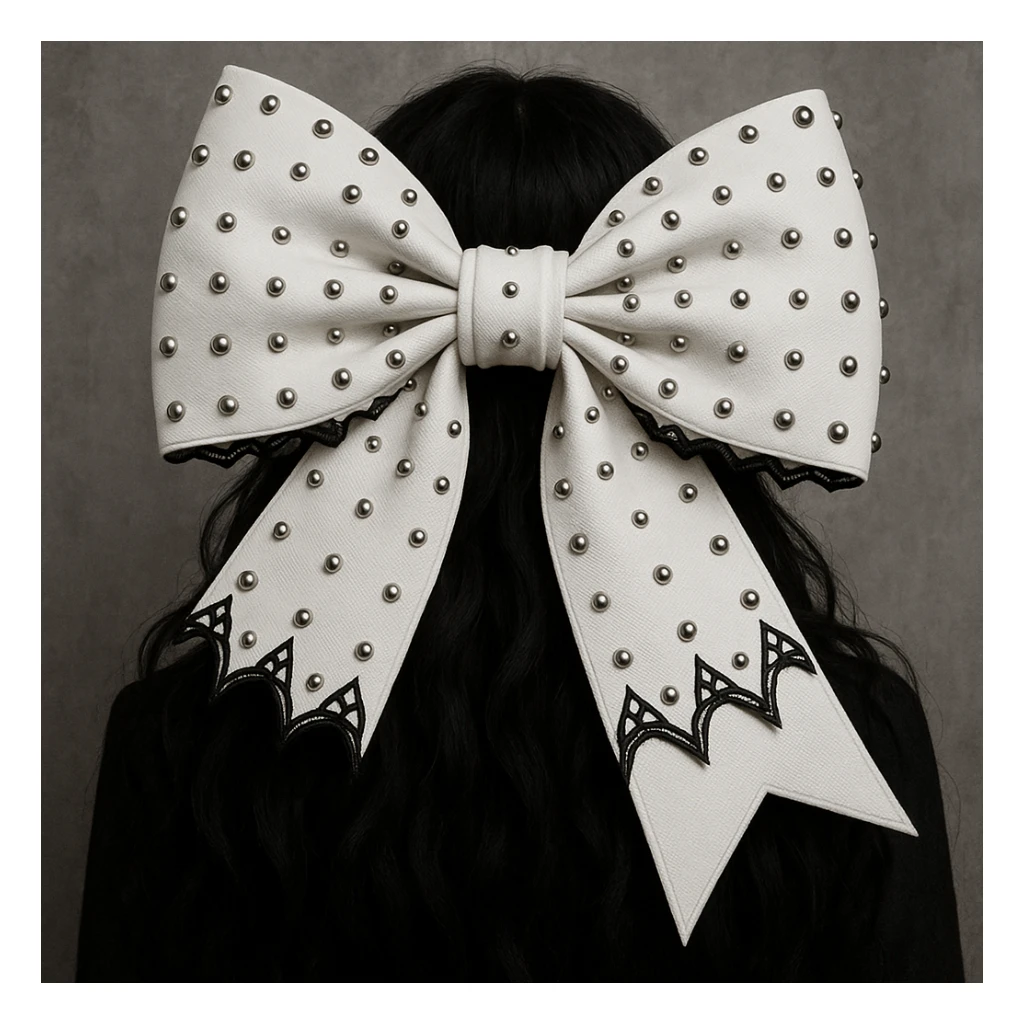 Edit the image to depict a white gothic bow oversized with silver studs in a general style. sticker