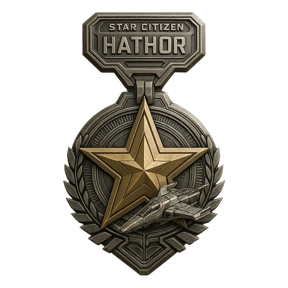 sci-fi medal for Star Citizen Hathor activity, features a star and spaceship, metallic look, futuristic, intricate details, for digital achievement sticker
