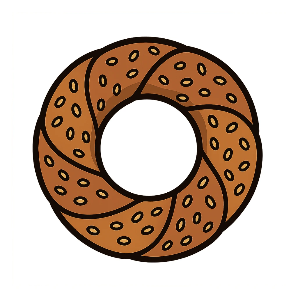 flat icon simit bread, round with hole in the middle, sprinkled with sesame seeds, bold outline, warm brown tones sticker
