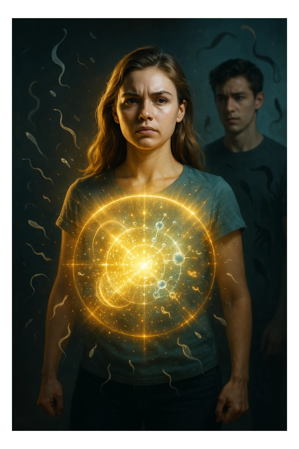 A hyper-realistic, cinematic image showing a young woman with a glowing, radiant aura symbolizing a very strong immune system. She stands confidently, surrounded by a dynamic shield of light particles and molecular energy swirling around her body, especially focused around her abdomen and chest. Against this luminous barrier, faint translucent representations of parasites—small worm-like and protozoan shapes—attempt to approach her but are visibly repelled or disintegrating upon contact with the shield. Nearby, a young man representing her boyfriend is shown with subtle, shadowy parasite silhouettes near him, some reaching toward her but unable to penetrate her immune defenses. The background is softly blurred to keep the focus on the energetic battle at the forefront, with cool blues and warm golds contrasting to symbolize health, vitality, and defense. The lighting is dramatic yet hopeful, with a cinematic 35mm film style emphasizing sharp detail on her determined face and the swirling protective energy. The overall tone conveys resilience, protection, and the unseen battle inside the body. sticker