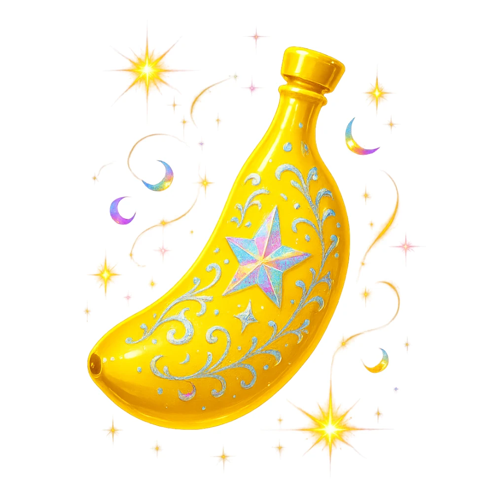 modernus prabangus eliksyro buteliukas, banano forma, banano geltonumo spalva, holografiniai ir sidabriniai ornamentai, labai mažas kaklelis, skaidrus fonas, vientisas dugnas, be šešėlio, plūduriuoja ore, kolekcijos stilius, itin stiprūs magiški švytėjimai ir efektai sticker