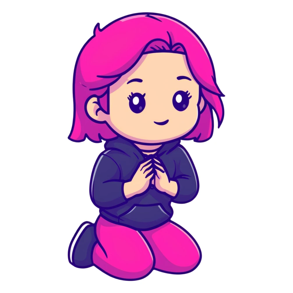 Girl kneeling in playful pose, transparent glass style, bright pink gradient, with shadows and highlights, minimalist design sticker