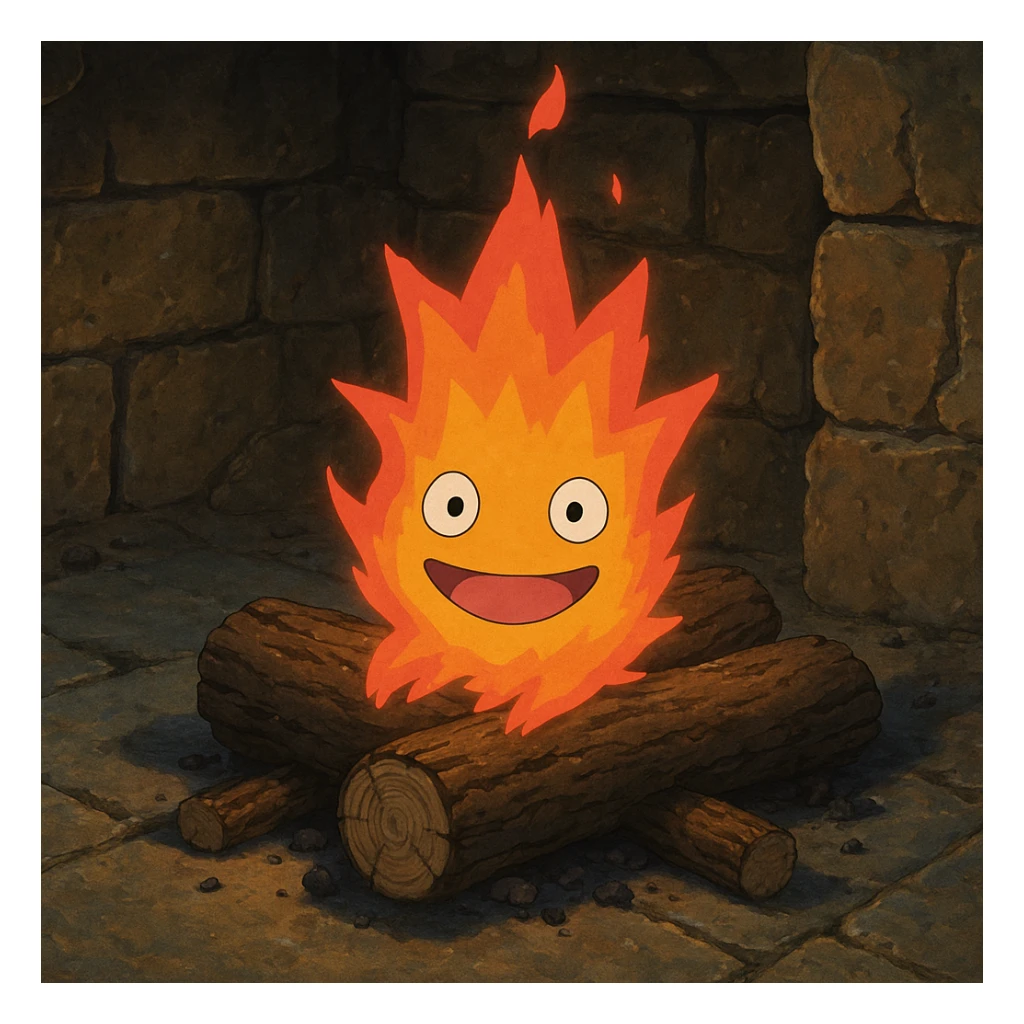 Ghibli-style Calcifer from Howl's Moving Castle, a magical, star-like fire spirit with a warm, friendly face and vibrant flames sticker