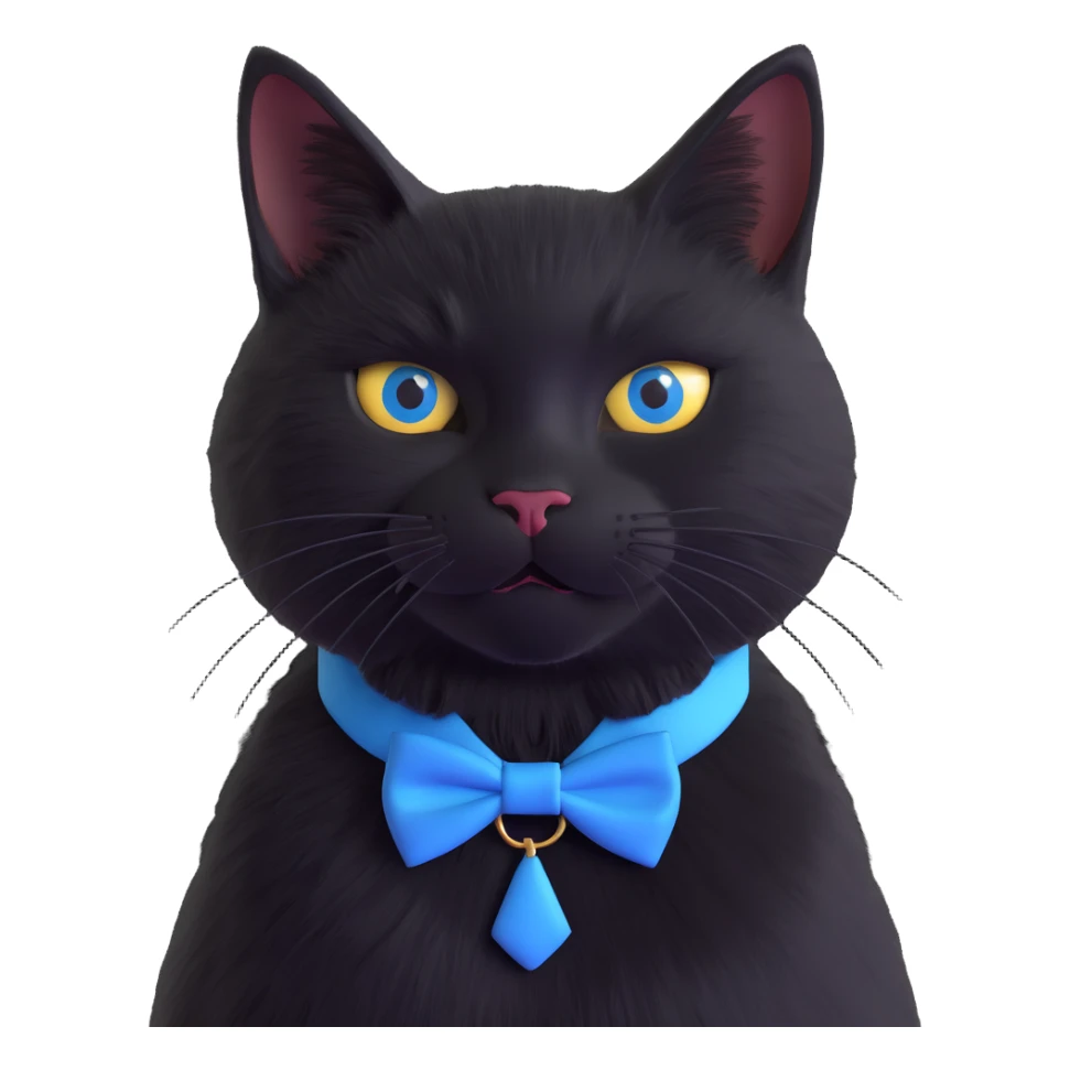 solid black cat no tuxedo with a blue bowtie collar, 3D illustration, lifelike fur, realistic lighting sticker