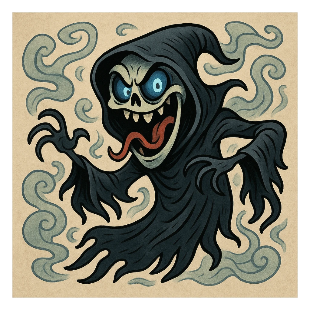 dementor, stylized as a cartoon villain, exaggerated features, swirling mist, unique style, playful yet menacing sticker