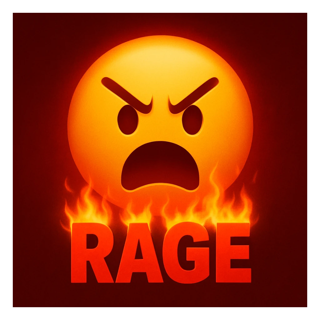 general style emoji with red background with dark center, 'RAGE' in red text, fire coming out of the text, dramatic lighting sticker